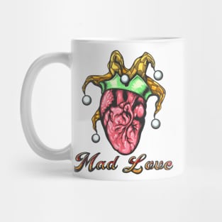 Tattoo of Human Heart with Jester Cap and Wording Mad Love Tattoo drawn in engraving style. Mug